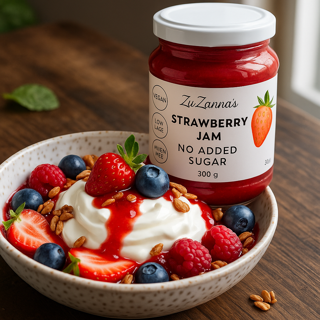 Jar of ZuZanna's Strawberry Jam with a bowl of yogurt and berries on a wooden surface
