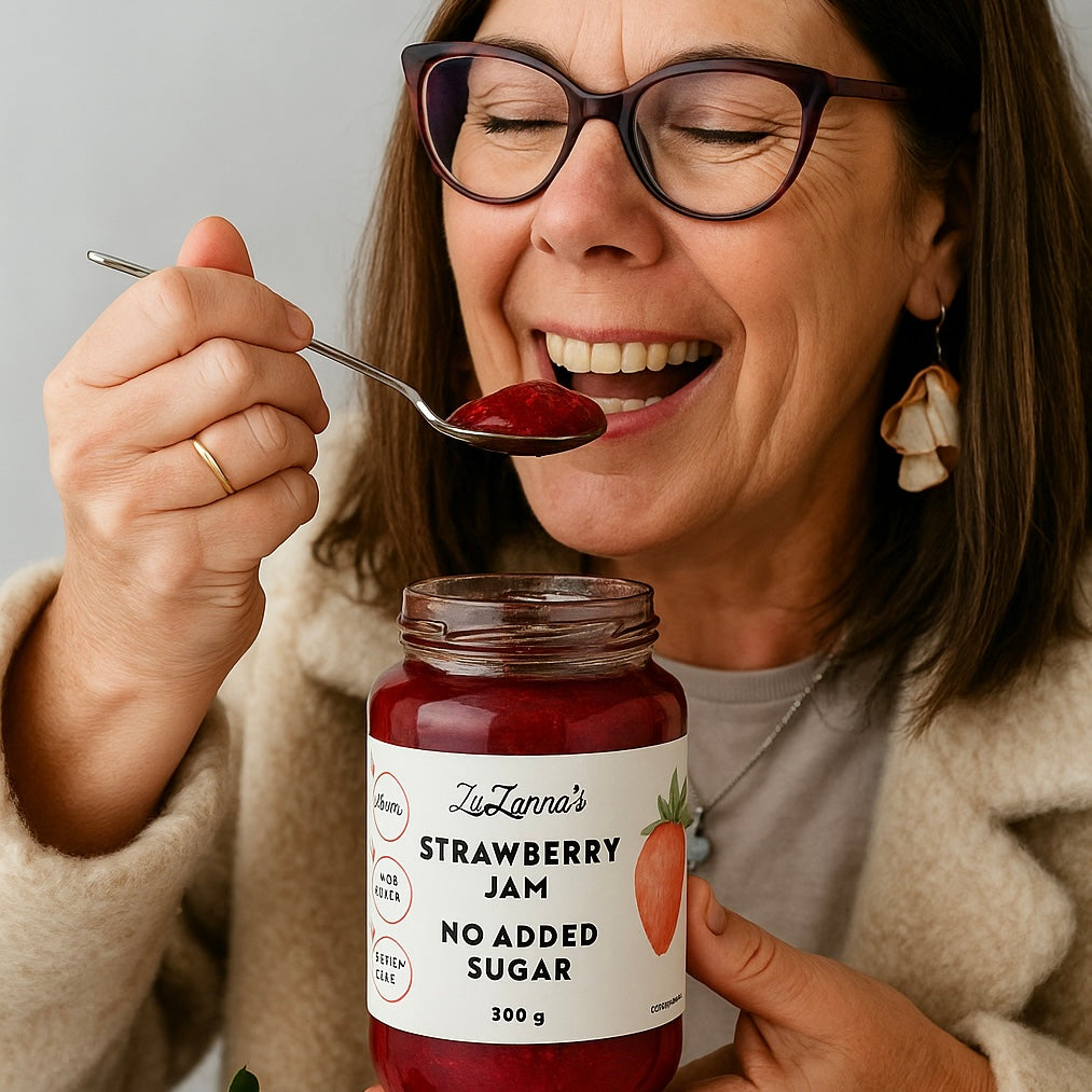 ZiuZanna eating a spoon of strawberry jam from the jar