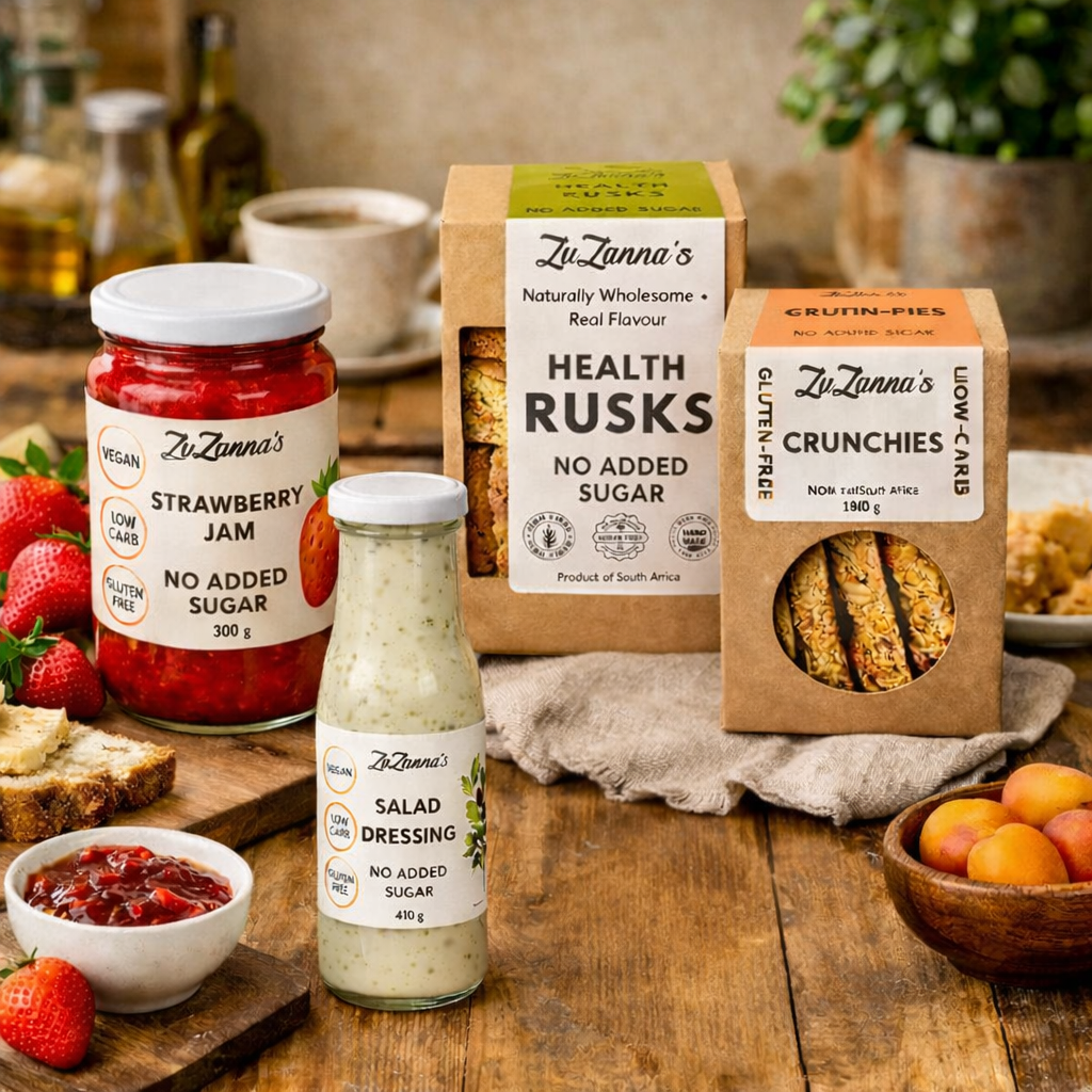 ZuZanna's health products including jam, rusks, and salad dressing on a wooden table.
